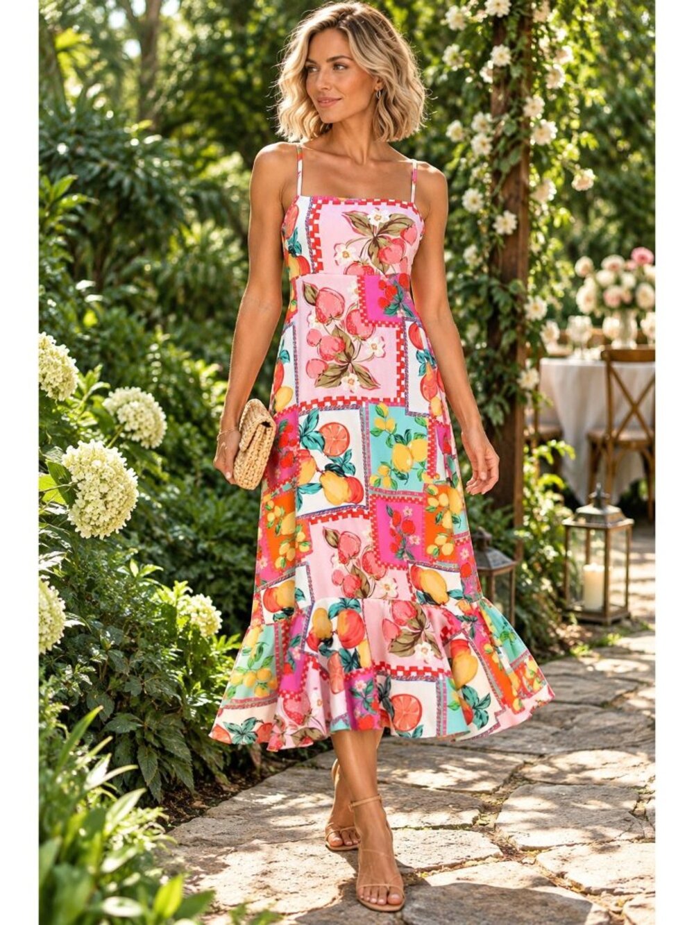 Paper Heart Fruit Patchwork Print Open Back Midi Dress Pink Small
